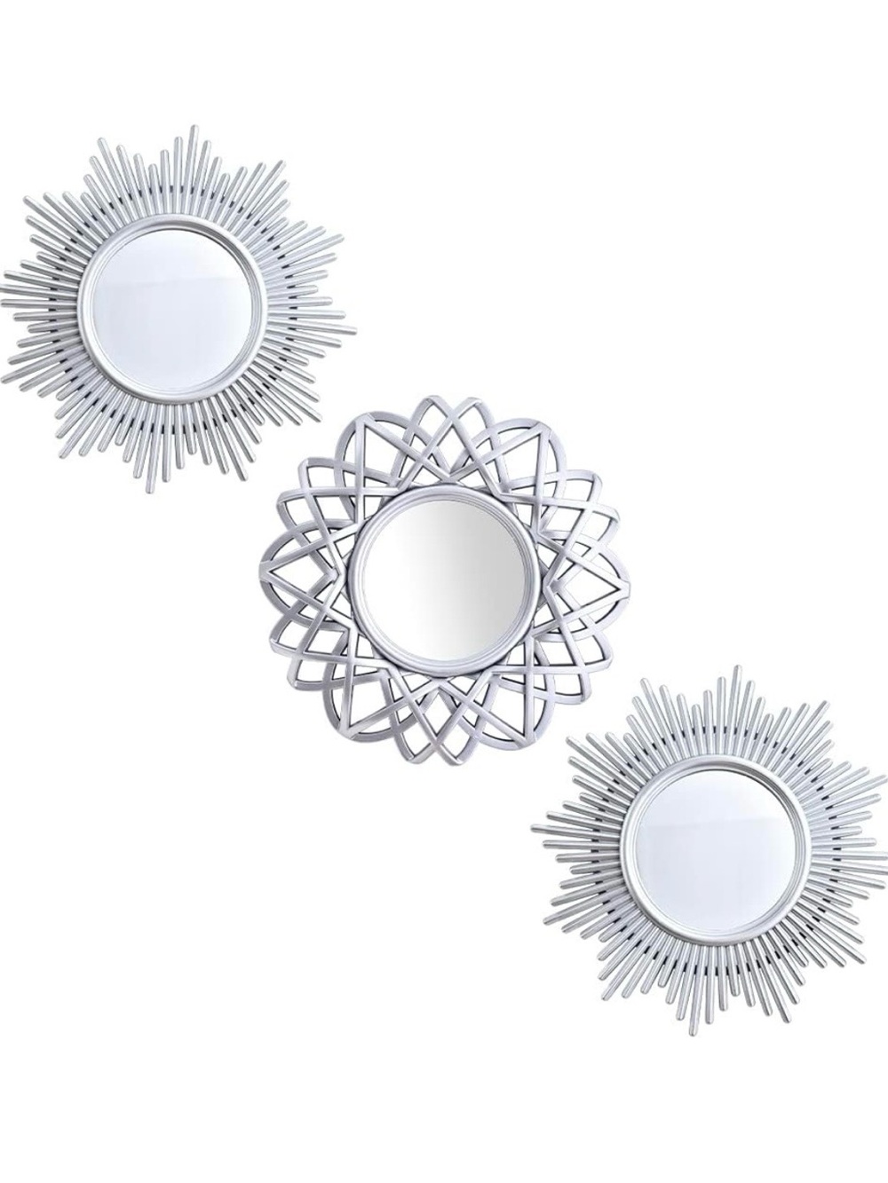 Decorative Silver Sunburst and Floral Wall Mirror Set - Home Wall Decor